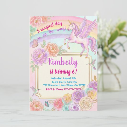 Unicorn Birthday Party Flowers Invitation (Debout devant)