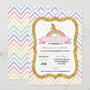 Unicorn Birthday Party Gold Glitter Rainbow Kaart
