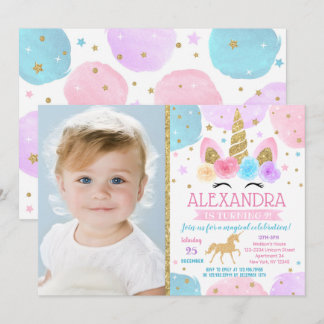 Unicorn Birthday Party Invitations with Photo Kaart