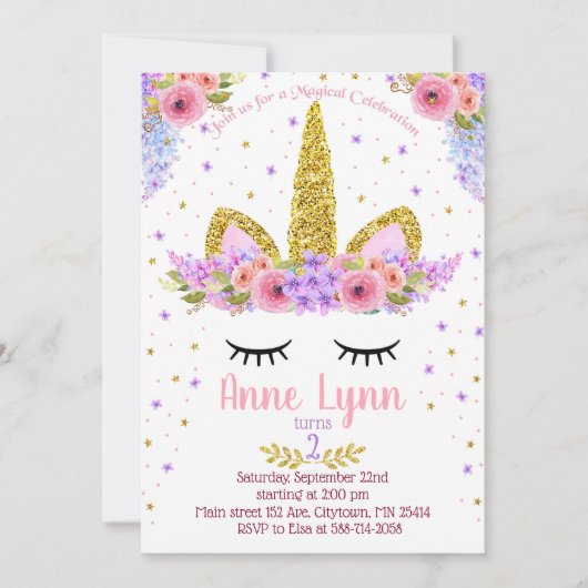 Unicorn Birthday party nodigt paars en roze uit Kaart (Voorkant)