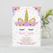 Unicorn Birthday party nodigt paars en roze uit Kaart (Staand voorkant)