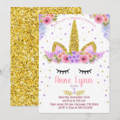 Unicorn Birthday party nodigt paars en roze uit Kaart (Voorkant / Achterkant)