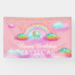 Unicorn Birthday Party Rainbow Clouds roze Gold Spandoek