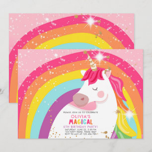Unicorn Birthday Rainbow Party Magical Girl Invita Kaart