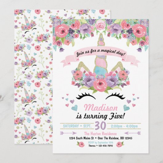 Unicorn Birthday Uitnodiging (Voorkant / Achterkant)