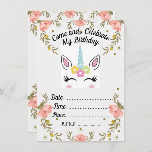 Unicorn Birthday Uitnodiging (Voorkant / Achterkant)