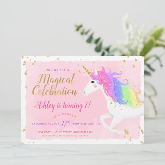 Unicorn Birthday Uitnodiging | Magische roze en go (Staand voorkant)