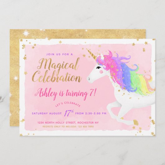Unicorn Birthday Uitnodiging | Magische roze en go (Voorkant / Achterkant)