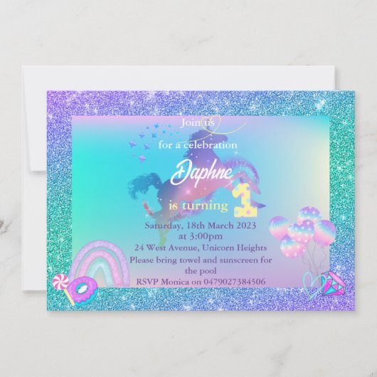 Unicorn Birthday Uitnodiging om 1 uitnodiging te d (Voorkant)