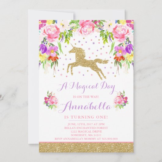 Unicorn Birthday Uitnodiging Roze Gold Unicorn (Voorkant)