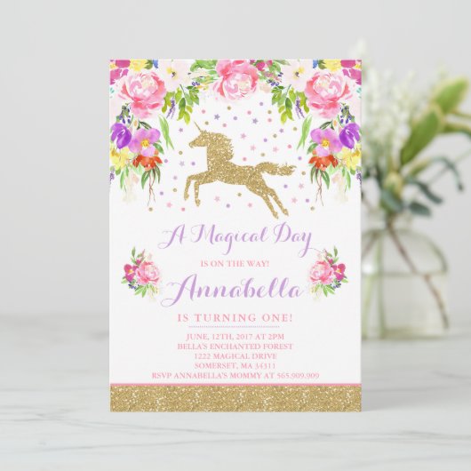 Unicorn Birthday Uitnodiging Roze Gold Unicorn (Staand voorkant)