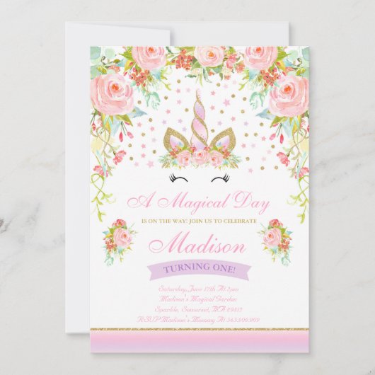 Unicorn Birthday Uitnodiging Roze Gold Unicorn (Voorkant)