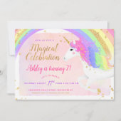 Unicorn Birthday Uitnodiging | Roze goudregenboog (Voorkant)