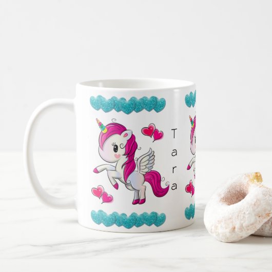 Unicorn Bleu Coeurs Mug (Avec donut)