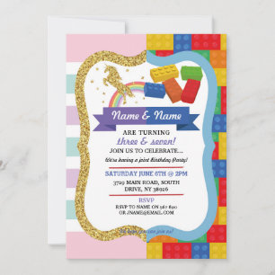Unicorn & Blocks Joint Boy Girl Birthday Invites Kaart