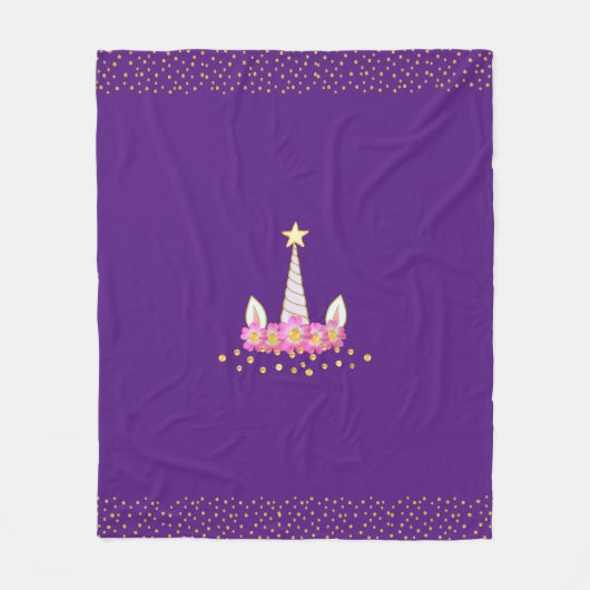 Unicorn, bloemen en gouden confetti met koninklijk fleece deken (Voorkant)