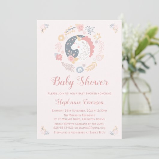 Unicorn Blush Florals Baby Shower Invitations (Debout devant)