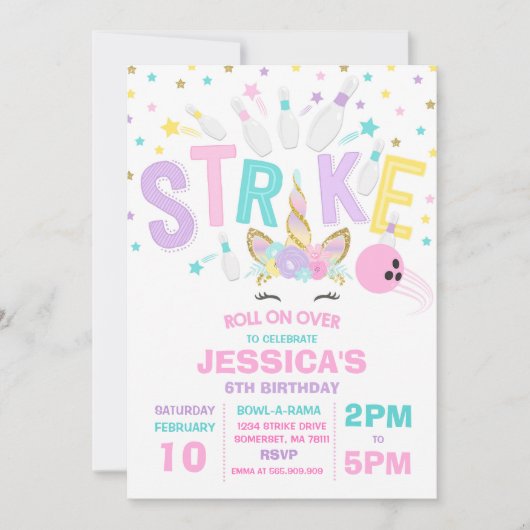 Unicorn Bowling Invitation Bowling Birthday Party (Devant)