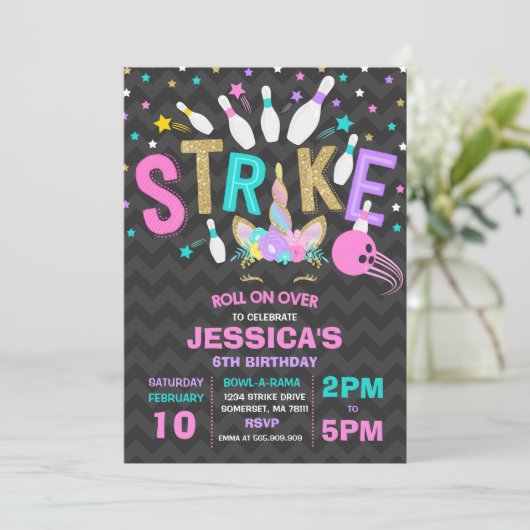 Unicorn Bowling Invitation Bowling fête d'annivers (Debout devant)
