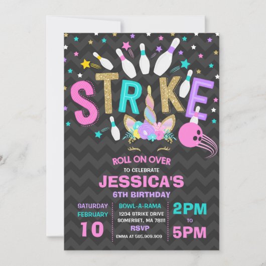 Unicorn Bowling Uitnodiging Bowling Birthday Parti (Voorkant)