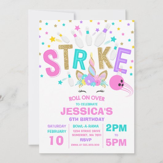Unicorn Bowling Uitnodiging Bowling Birthday Parti (Voorkant)