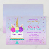Unicorn Cake Anniversaire Invitation Pink Purple G (Devant / Derrière)