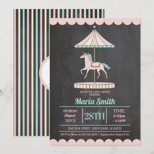 Unicorn Carousel Baby shower Invite Girl Pink Kaart