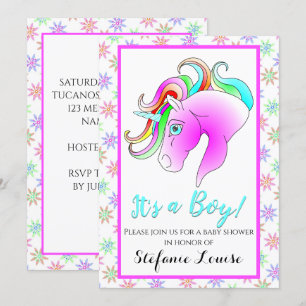 Unicorn Cartoon Rainbow Het is een jongen! Kaart