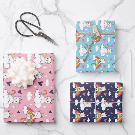 Unicorn Cat Rainbow Pattern Cute Valentijnsdag Inpakpapier Vel (Voorkant)