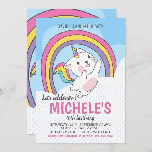 Unicorn Cat Rainbow Uitnodiging (Voorkant / Achterkant)