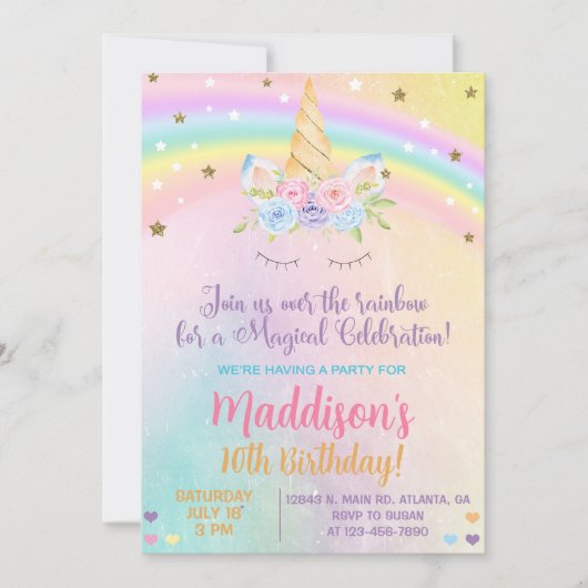 Unicorn couleurs pastel Fille invitation d'anniver (Devant)