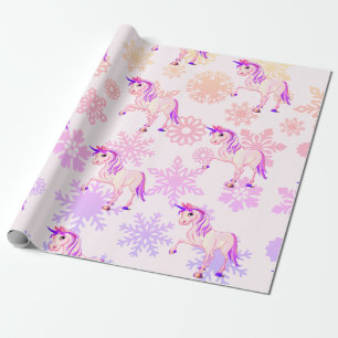 Unicorn Cute Girl Whimsical Pink Snowflakes Cadeaupapier