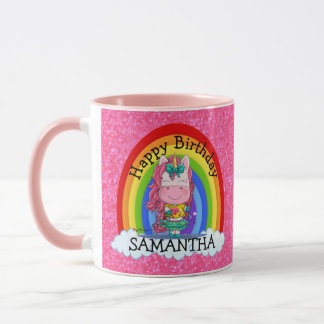 Unicorn Cute Happy BIRTHDAY Roze Glitter Mok