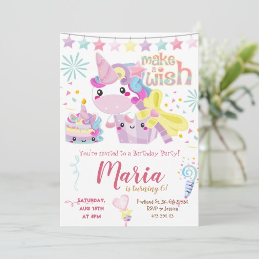 Unicorn Cute Pastel Invitation Anniversaire (Debout devant)