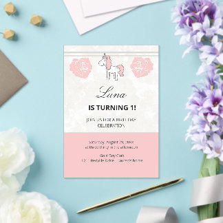 Unicorn Cute Pink 1st Birthday Party Invitation