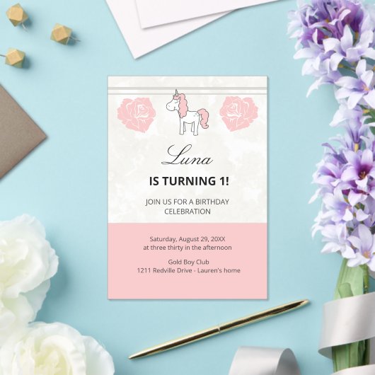 Unicorn Cute Pink 1st Birthday Party Invitation (Insitu (Mariage))