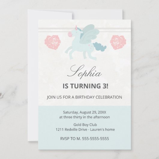 Unicorn Cute Pink Blue Birthday Party Invitation (Devant)