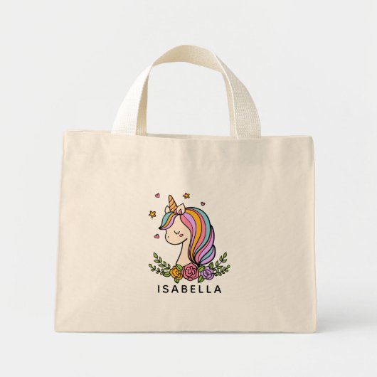 Unicorn Cute Whimsical Girly Persoonlijke naam Mini Tote Bag (Voorkant)