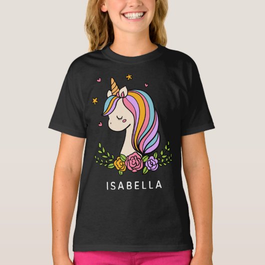 Unicorn Cute Whimsical Girly Persoonlijke naam T-shirt (Voorkant)