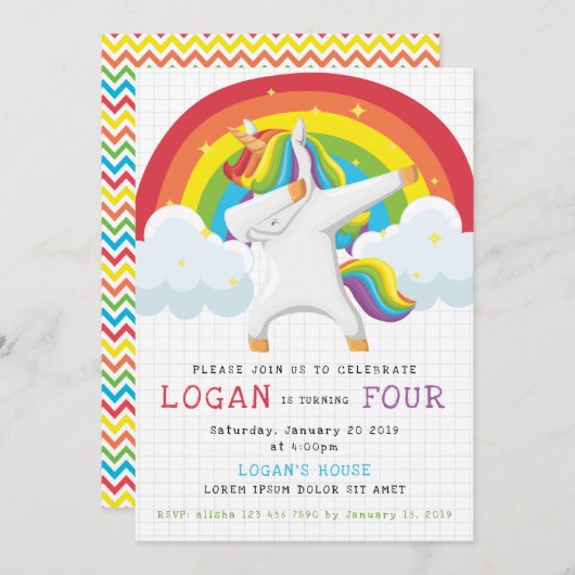 Unicorn Dab Birthday Uitnodiging (Voorkant / Achterkant)