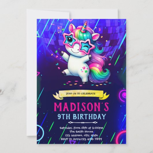 Unicorn dance birthday party invitation (Devant)