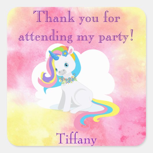 Unicorn Dank u Roze en Gele Waterverf Vierkante Sticker (Voorkant)