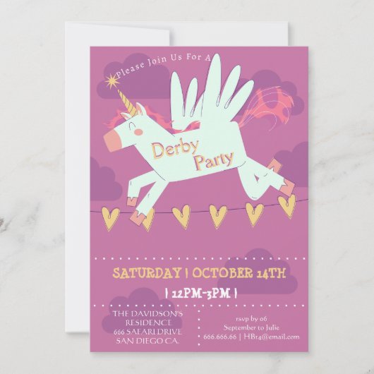 Unicorn Derby Party Invitation Kids Birthday Magic (Devant)