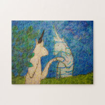 Unicorn die reflectie aanraakt in een vijver