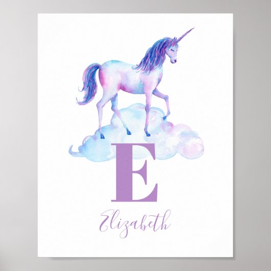 Unicorn-dier. Baby monogram. Paarse kwekerijnaam Poster (Voorkant)