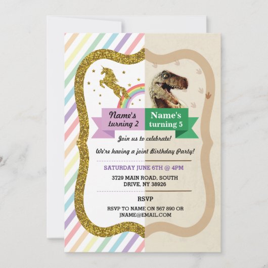 Unicorn & Dinosaur Invitations Garçon fille Annive (Devant)