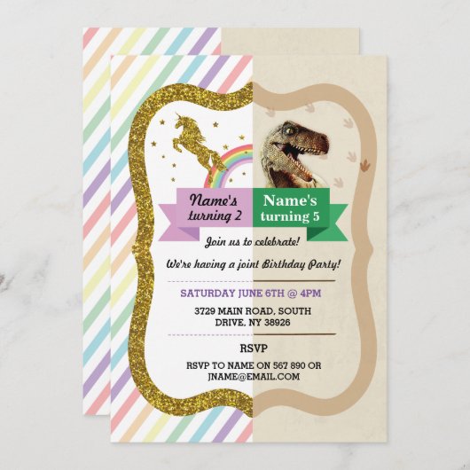 Unicorn & Dinosaur Invitations Garçon fille Annive (Devant / Derrière)