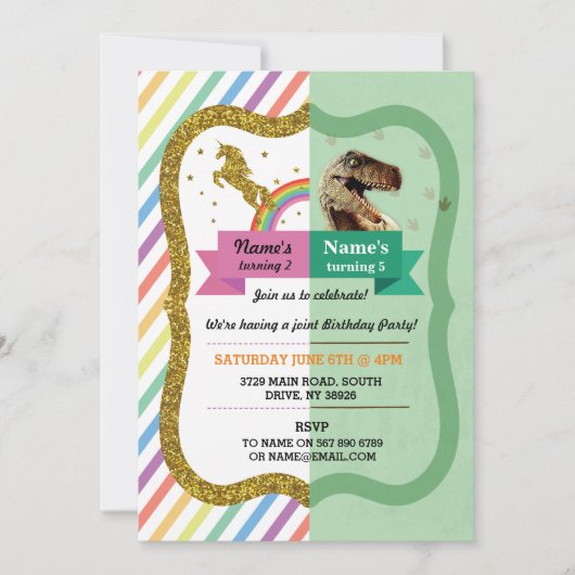 Unicorn & Dinosaur Joint Garçon fille Invitations (Devant)