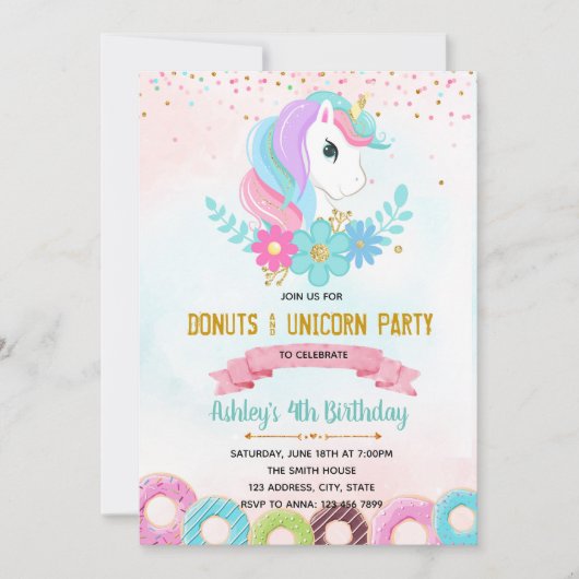 Unicorn Donut grandir invitation de fête (Devant)