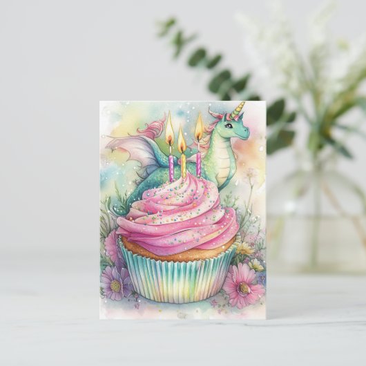 Unicorn Dragon With Cupcake and Flowers Briefkaart (Staand voorkant)